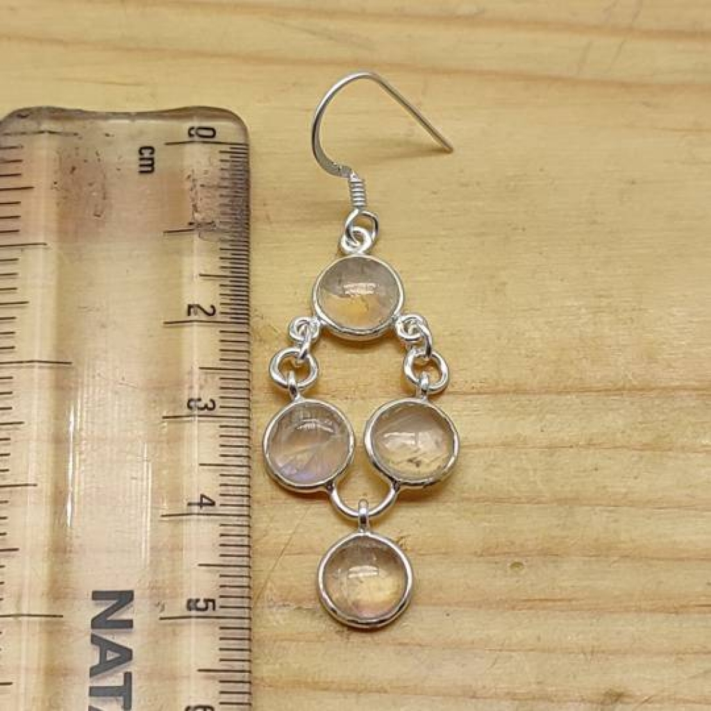 925 Sterling Silver Natural Moonstone Cabochon Long Round Shape Handmade Earring