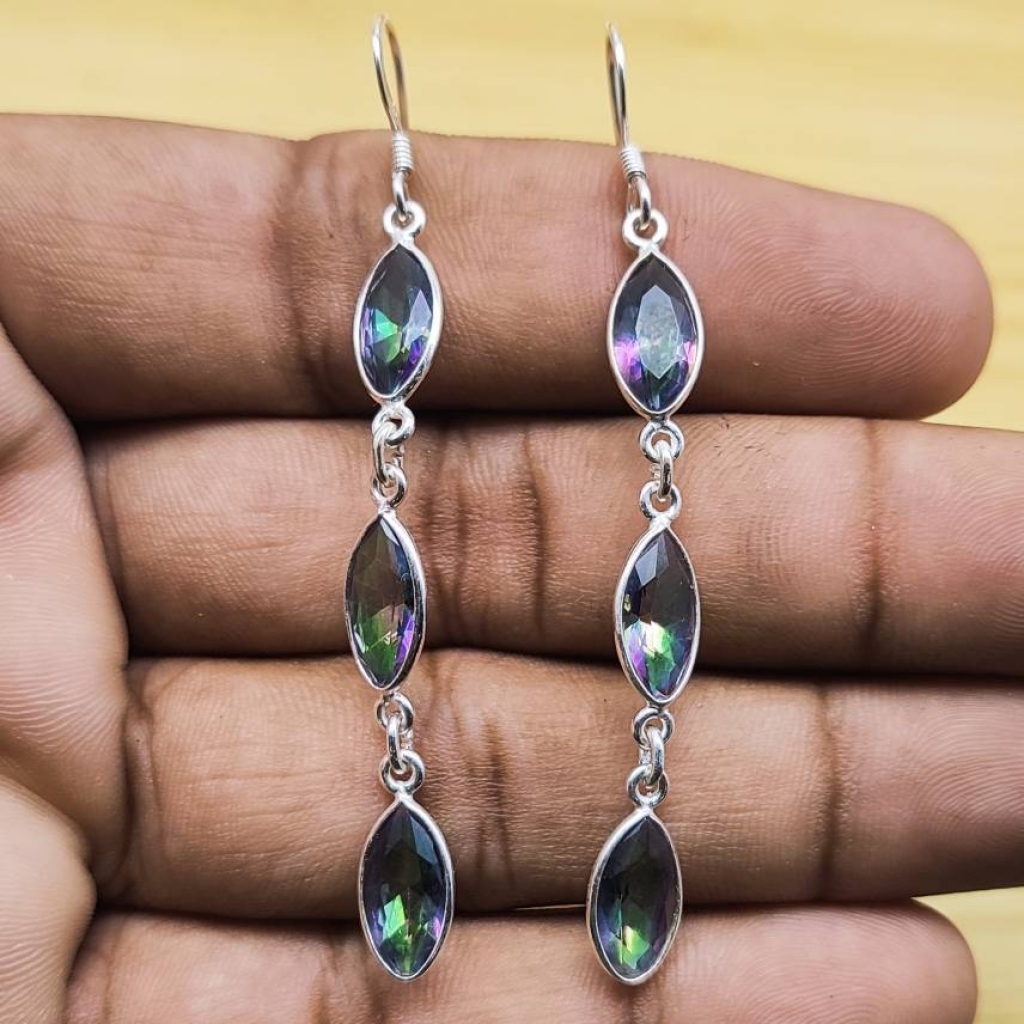 925 Sterling Silver Natural Mystic Topaz Cabochon Long Marquise Shape Earring