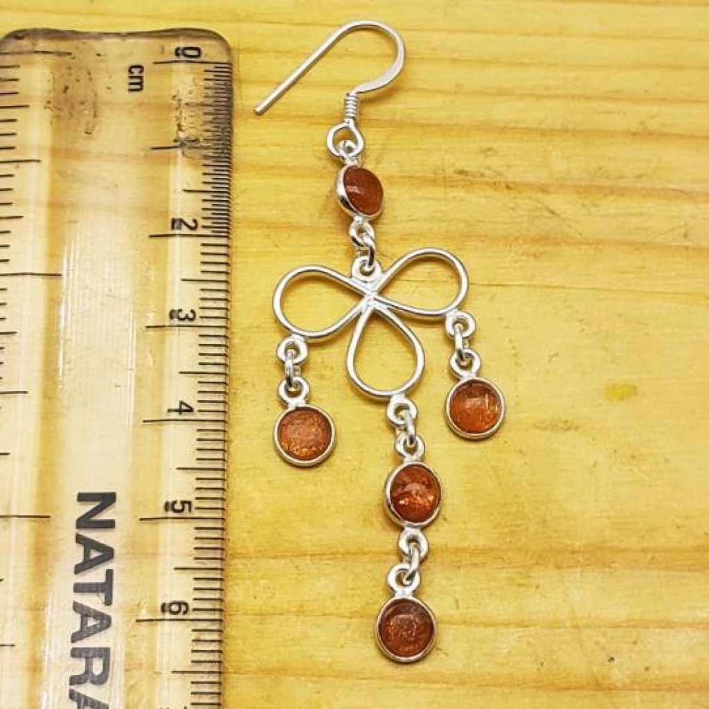 925 Sterling Silver Natural Sunstone Cabochon Long Round Shape Handmade Earring
