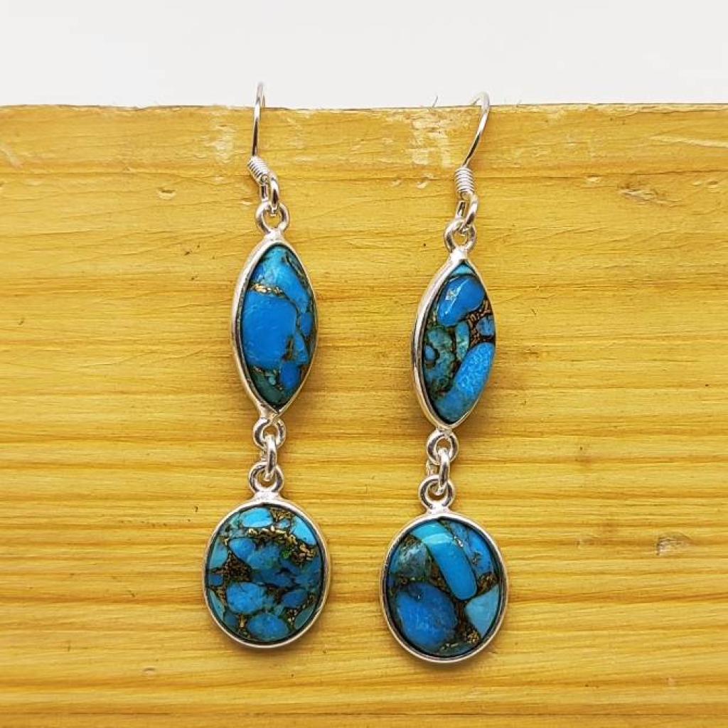 Blue Copper Turquoise 925 Sterling Silver Handmade Dual Stone Earring