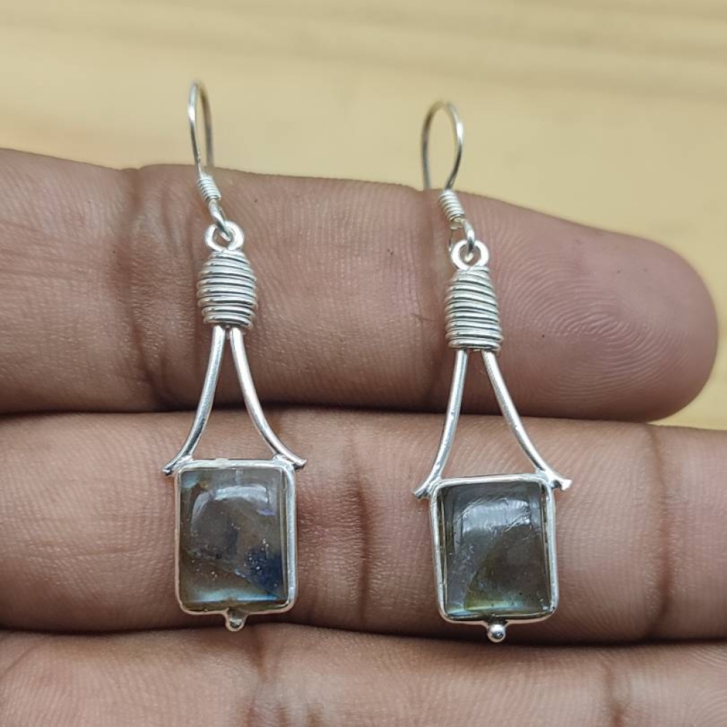 925 Sterling Silver Natural Labradorite Square Shape Handmade Gemstone Earring Jewelry