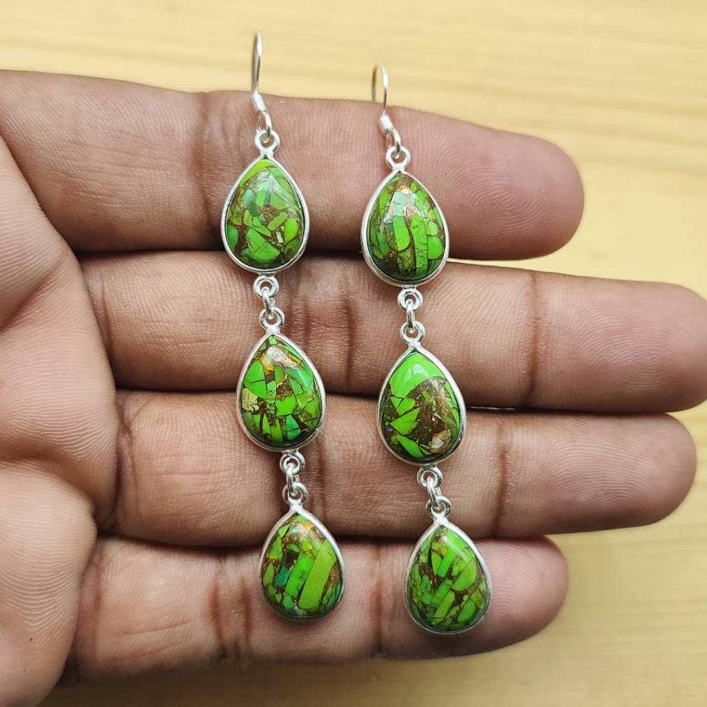 925 Sterling Silver Green Copper Turquoise Pear Shape Boho Handmade Earring Jewelry