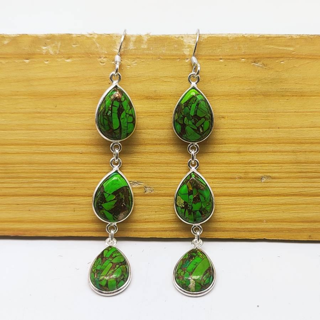 925 Sterling Silver Green Copper Turquoise Pear Shape Boho Handmade Earring Jewelry