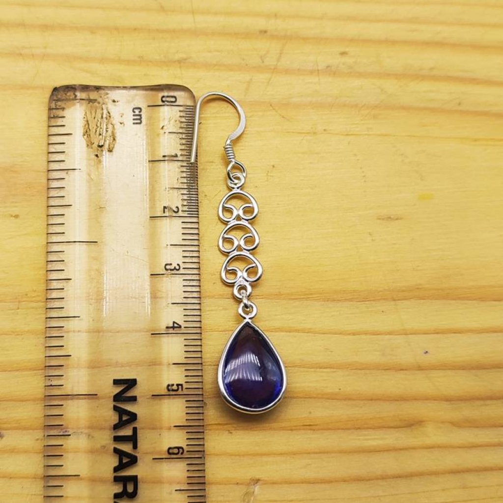 925 Sterling Silver Amethyst Cabochon Long Pear Shape Handmade Earring Jewelry