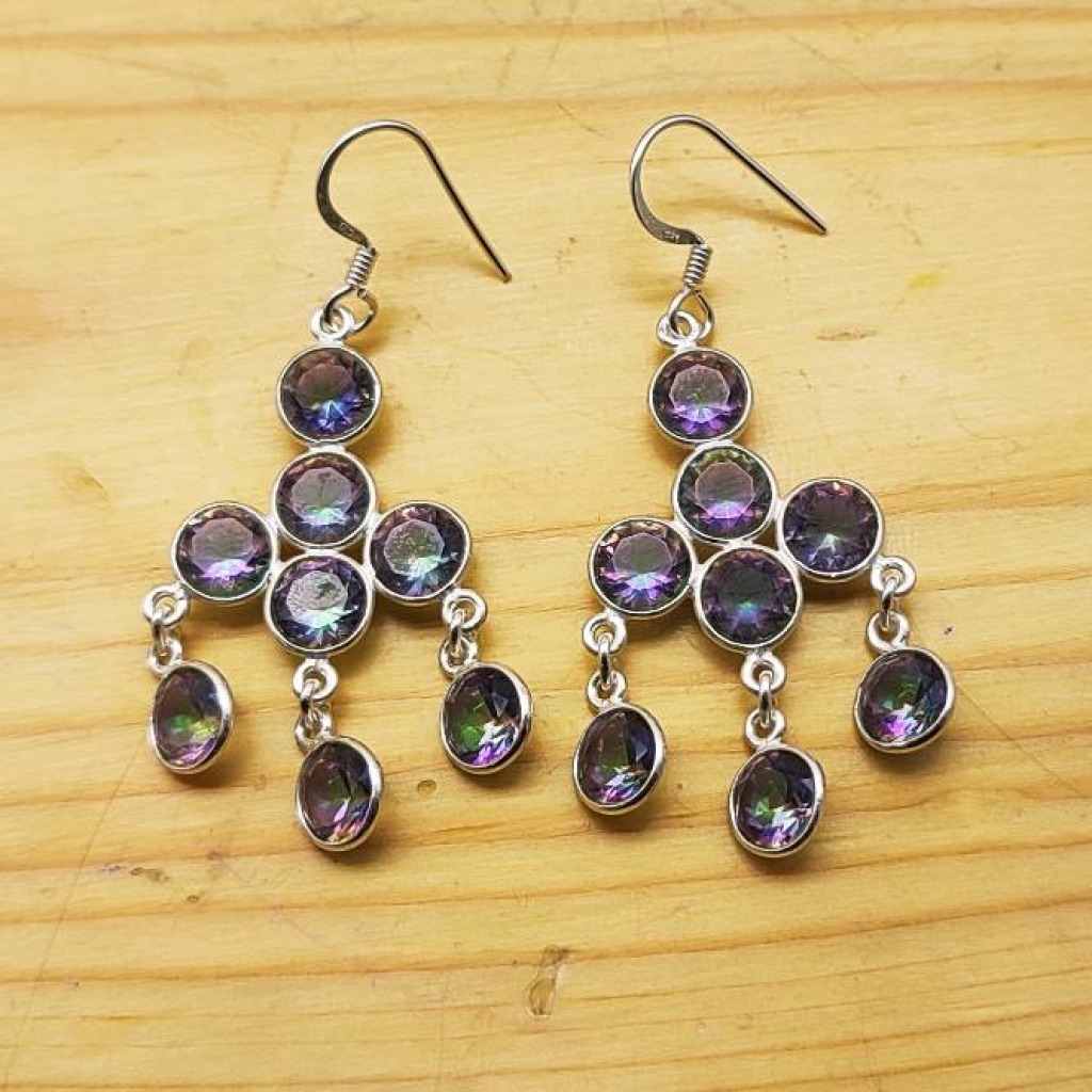 925 Sterling Silver Mystic Topaz Cabochon Long Round Shape Earring