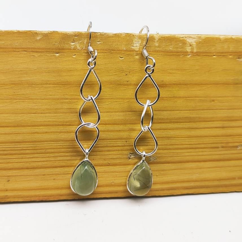 Natural Prehnite 925 Sterling Silver Cabochon Long Pear Shape Earring