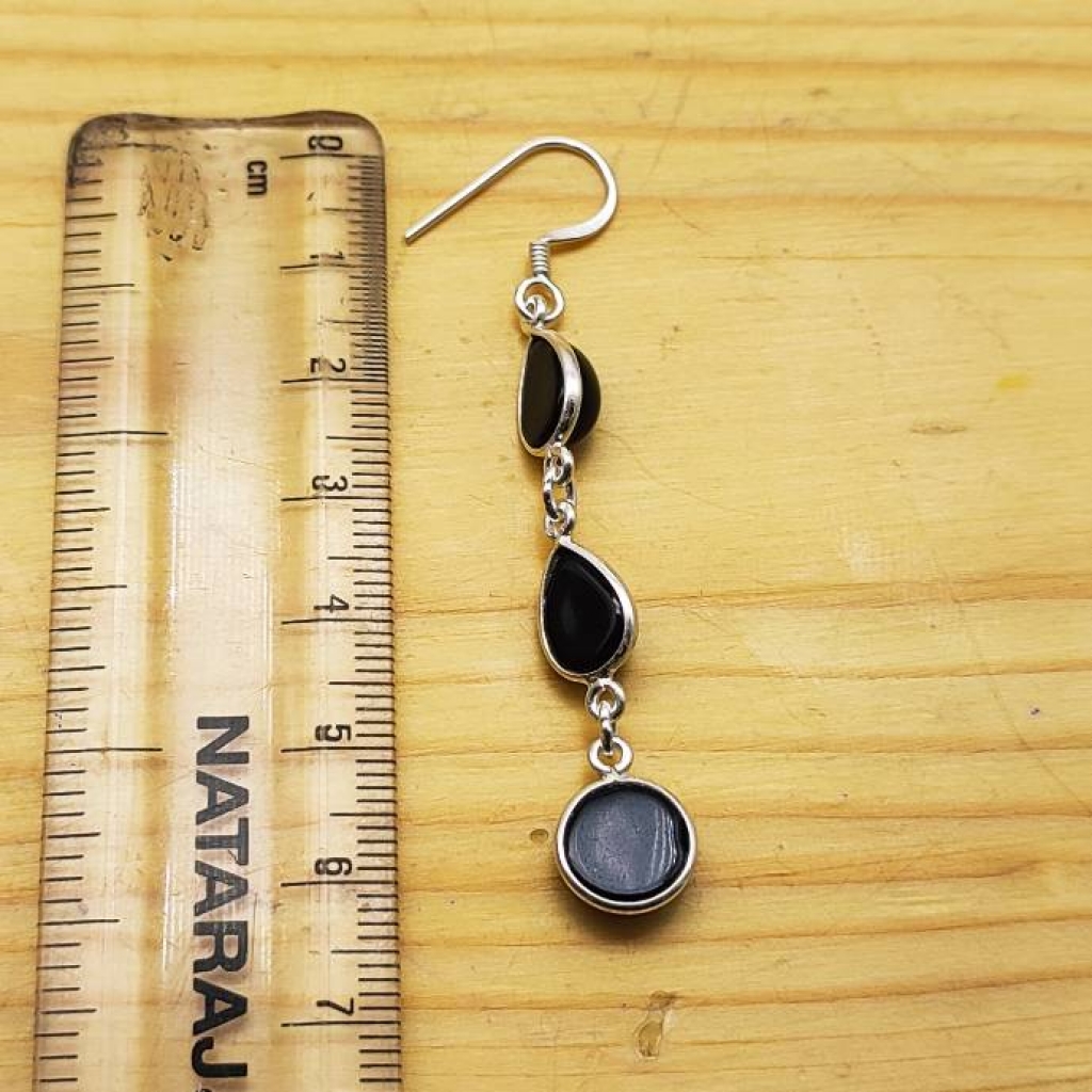 925 Sterling Silver Natural Black Onyx Cabochon Long Pear Shape Earring