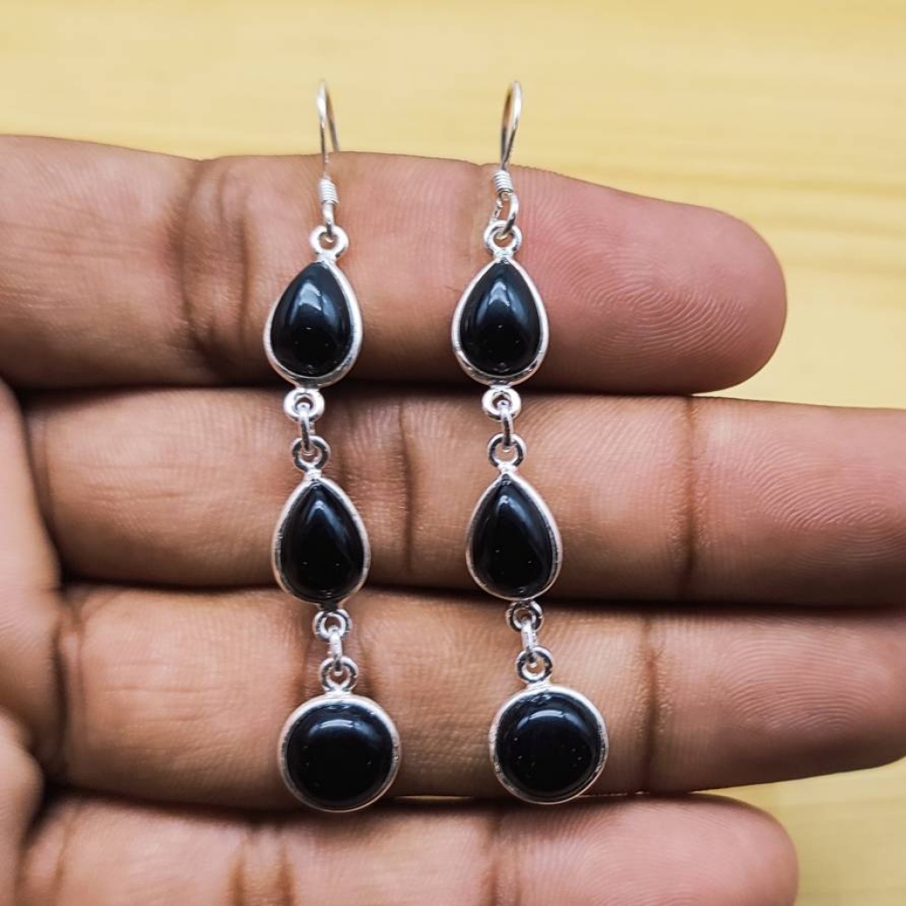 925 Sterling Silver Natural Black Onyx Cabochon Long Pear Shape Earring