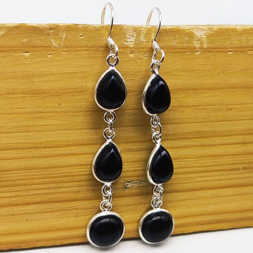 925 Sterling Silver Natural Black Onyx Cabochon Long Pear Shape Earring