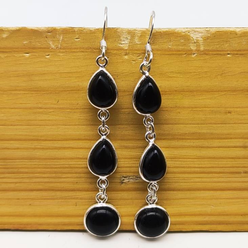 925 Sterling Silver Natural Black Onyx Cabochon Long Pear Shape Earring