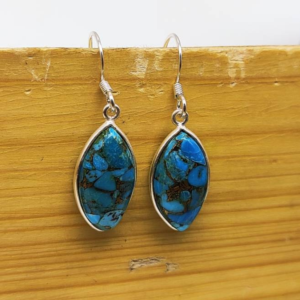 Cabochon Shot Blue Copper Turquoise 925 Sterling Silver Marquise Shape Earring