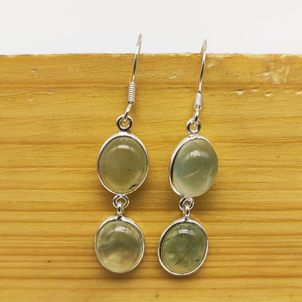 Natural Prehnite 925 Sterling Silver Cabochon Short Oval Shape Earring