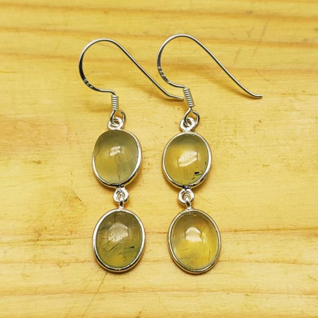 Natural Prehnite 925 Sterling Silver Cabochon Short Oval Shape Earring