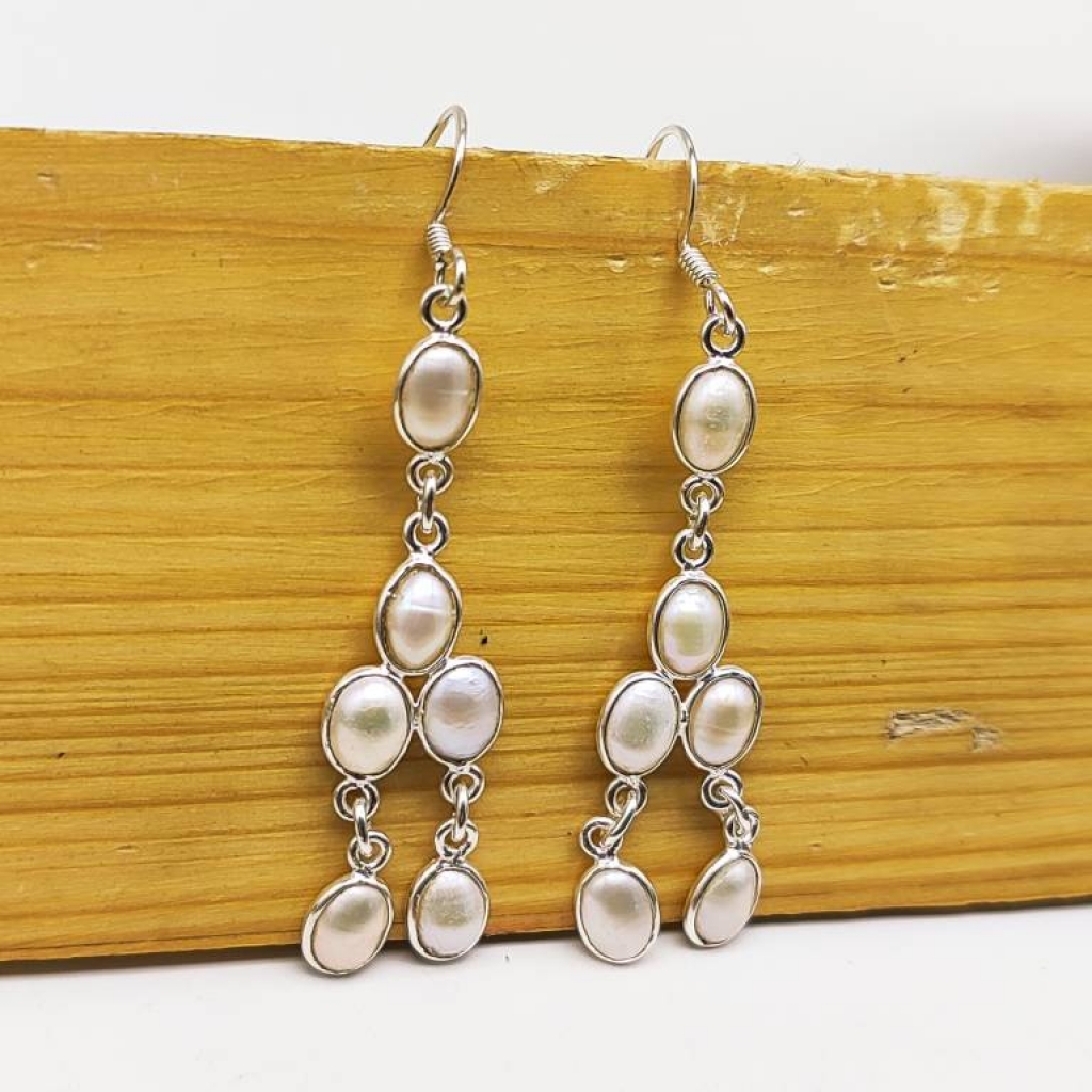 925 Sterling Silver Natural Pearl Cabochon Long Oval Shape Earring