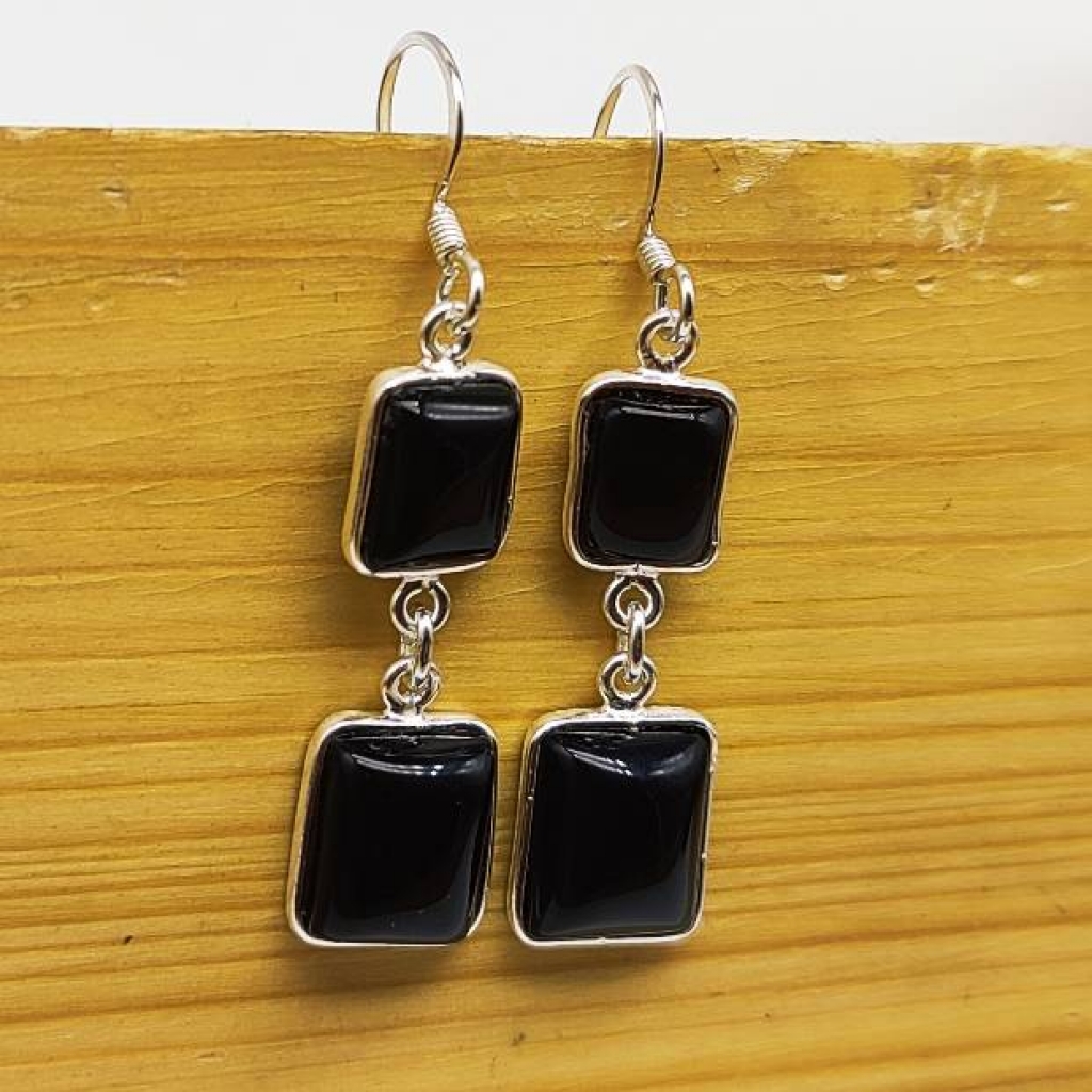 925 Sterling Silver Square Shape Black Onyx Gemstone Earring Jewelry
