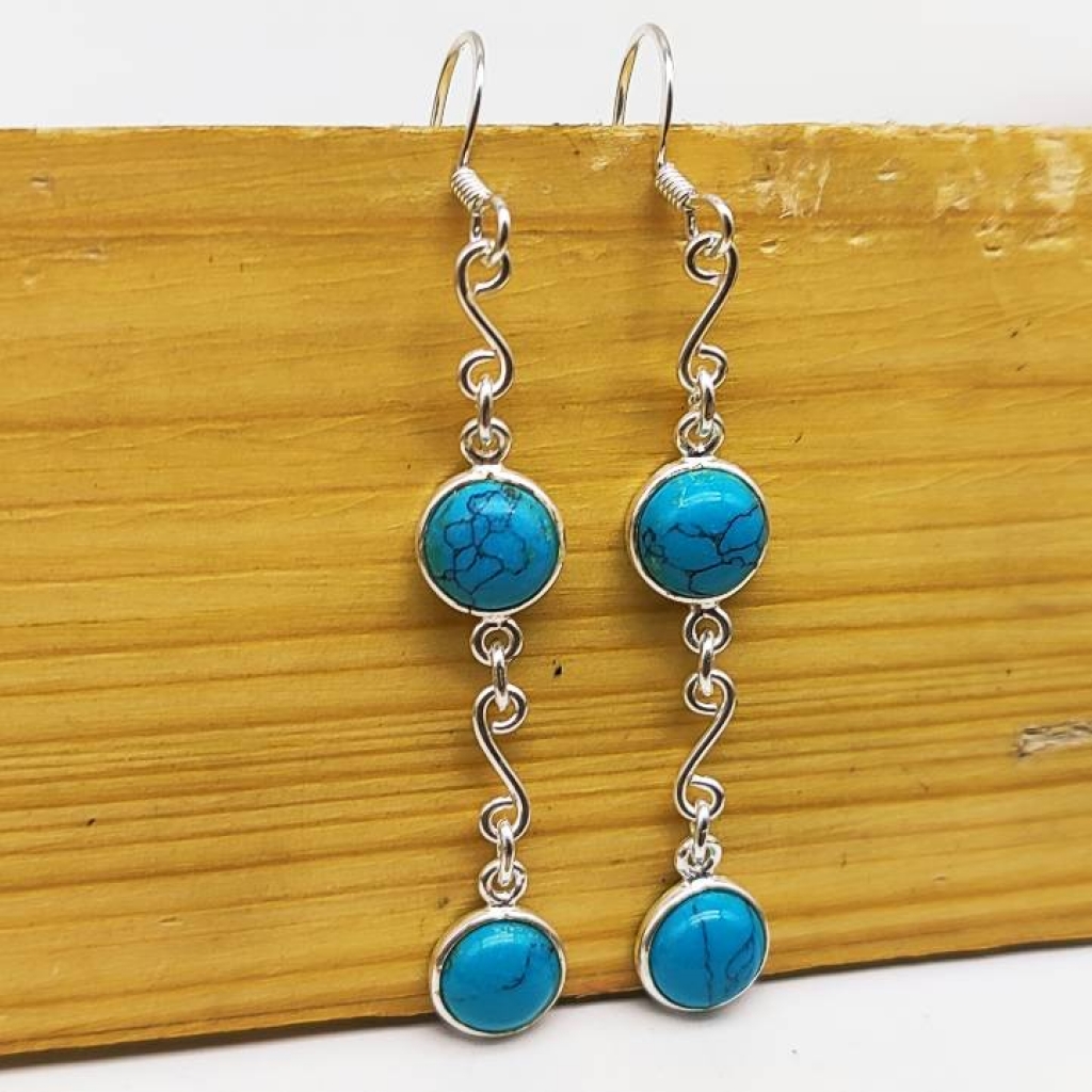 Natural Turquoise 925 Sterling Silver Round Shape Cabochon Long Earring