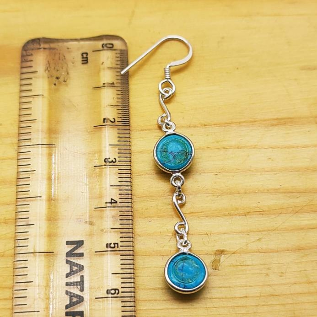Natural Turquoise 925 Sterling Silver Round Shape Cabochon Long Earring