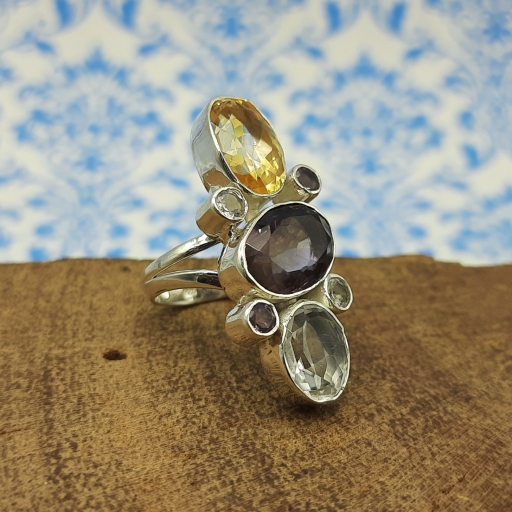 925 Sterling Silver Chunky Ring With Faceted Amethyst , Crystal And Citrine Gemstone