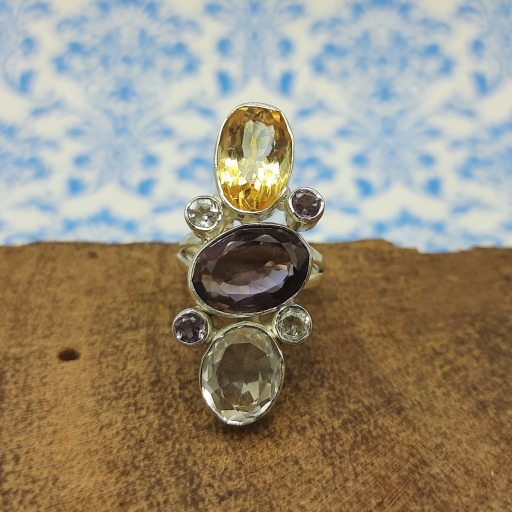 925 Sterling Silver Chunky Ring With Faceted Amethyst , Crystal And Citrine Gemstone