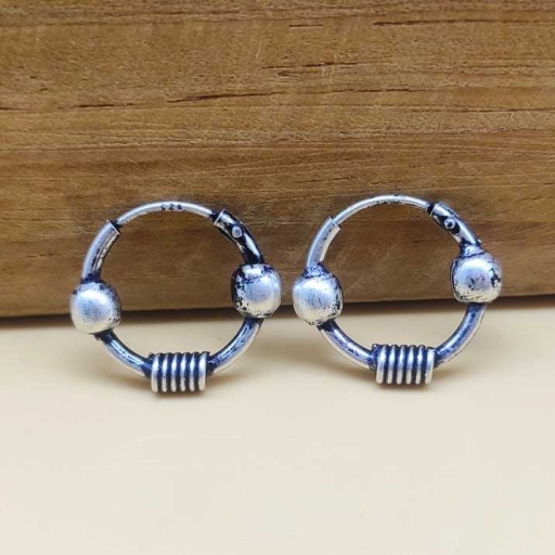 Wire Wrapped And Ball Design 925 Sterling Silver Handmade Hoops