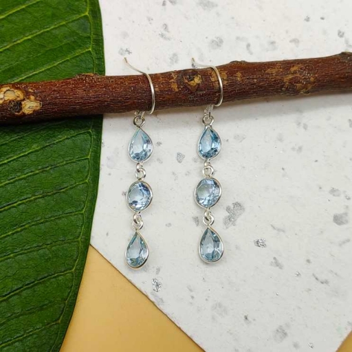 Multi Shape Long Bezel Natural Blue Topaz Gemstone Handmade 925 Sterling Silver Earring