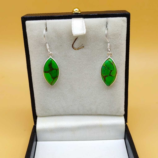 Marquise Shape Green Copper Turquoise 925 Sterling Silver Handmade Earring