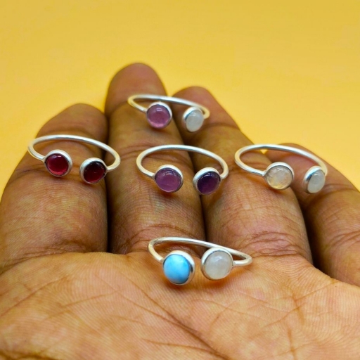 Moonstone And Larimar 925 Sterling Silver Dual Stone Adjustable Ring