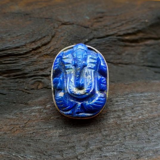 Lapis Lazuli Carving Ganesh Handmade 925 Sterling Silver Ring