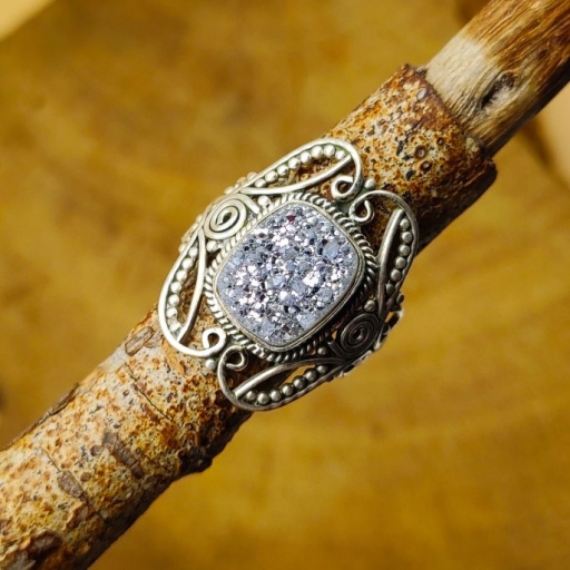 925 Sterling Silver Druzzy Gemstone Square Shape Wedding Ring
