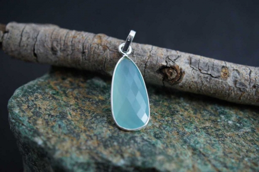 Long Teardrop Shape Natural Faceted Aqua Chalcy Gemstone 925 Sterling Silver Pendant