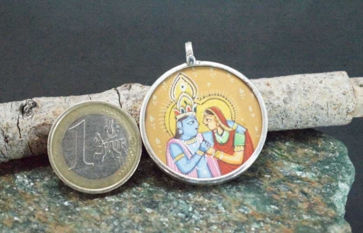 Hindu Lord Radha Krishna Glass Framed Silver 925 Handmade Spiritual Pendant 4cm