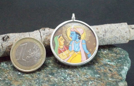 Handpainted Hindu Lord Radha Krishna Glass Framed Silver 925 Pendant 4cm