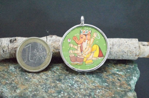 Sterling Silver 925 Glass Framed Handpainted Lord Ganesh On Cloth Pendant