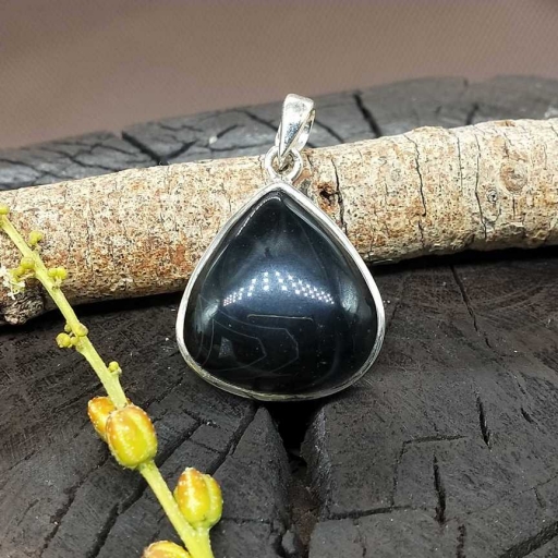 925 Sterling Silver Natural Black Onyx Drop Shaped  Handmade Pendant