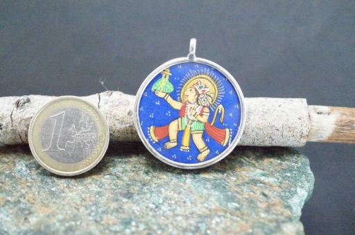 925 Sterling Silver Glass Framed Lord Hanuman Handpainted On Cloth Pendant
