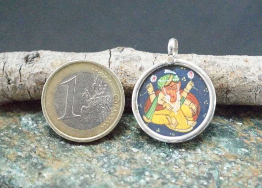 925 Sterling Silver Glass Framed Lord Ganesh Sitting Handpainted On Cloth Pendant