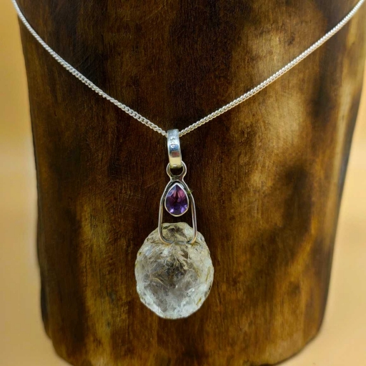 925 Sterling Silver Handmade Wired Pendant With Natural Faceted Amethyst And Raw Crystal