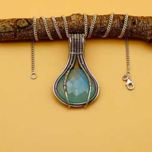 Natural Faceted Aqua Chalcy Gemstone Handmade Wire Wrapped Bohemian Pendant