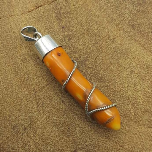925 Silver Wire Wrapped And Cap Designer Natural Coral Gemstone Handmade Bohemian Pendant