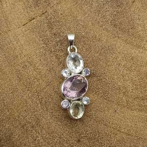 Amethyst & Crystal Gemstone 925 Sterling Silver Dual Stone Girlish Wear Pendant