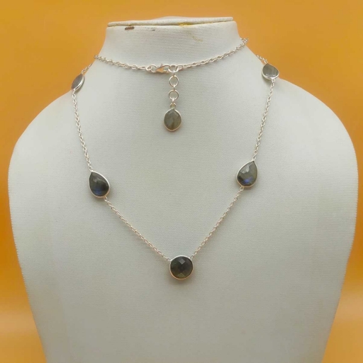 Multi Shape Faceted Labradorite Taple Sterling Silver Chain Necklace Long Necklace
