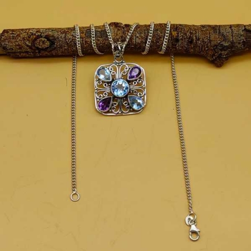 Sterling Silver Handmade  Bohemian Jali Work Design Pendant With Amethyst & Blue Topaz Gemstone