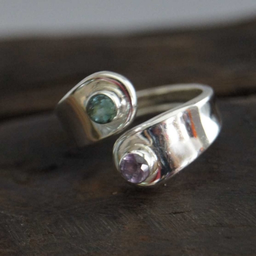 Faceted Green And Purple Amethyst Gemstone Adjustable 925 Sterling Silver Ring