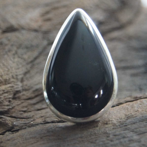 Simple Drop Shape Cabochon Black Onyx Gemstone 925 Sterling Silver Ring