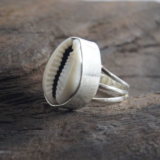 Triple Band Handmade Cowrie Shell 925 Sterling Silver Beach Ring