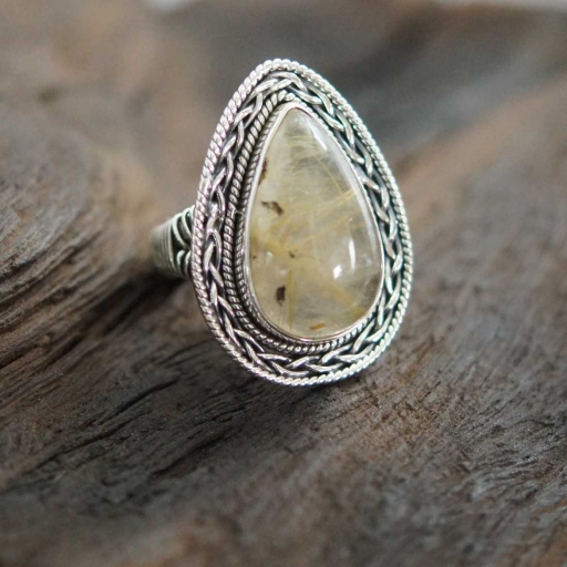 Wire Wrapped Handcrafted Golden Rutile Quartz Gemstone 925 Silver Ring
