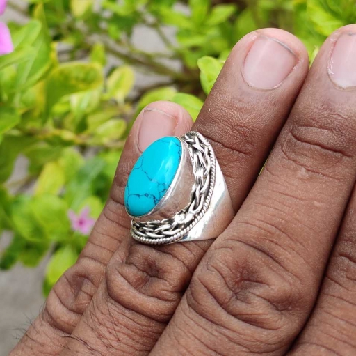 Oval Shape Turquoise Gemstone 925 Sterling Silver Bohemian Ring