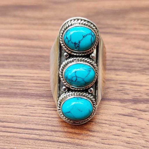 Triple Turquoise Gemstone Handmade 925 Sterling Silver Ring