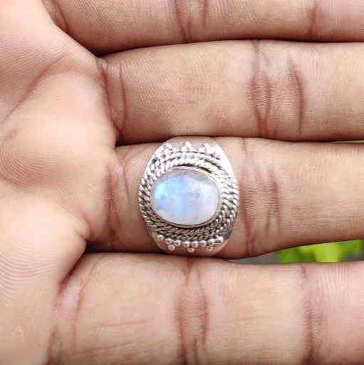 925 Sterling Silver Handmade Rainbow Moonstone Bohemian Ring