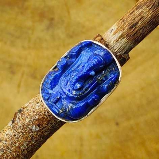 Lapis Lazuli Gemstone Carving Ganesh Handmade 925 Sterling Silver Ring